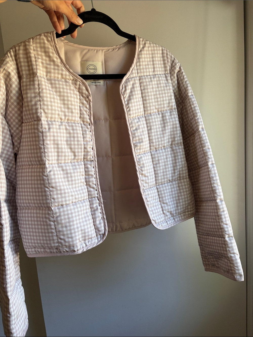 New Light Tan/White Gingham Quilted Open Style Puffer Sz L
